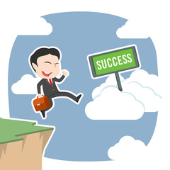 asian Businessman jump from cliff edge to success cloud