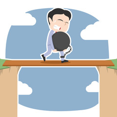 Burdened asian businessman walking on plank between cliff– stock illustration