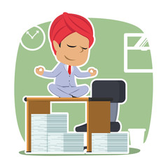 Indian businesswoman meditating on her work desk– stock illustration