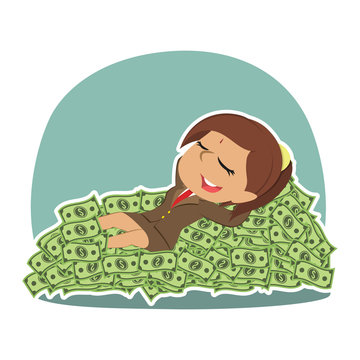 indian Businesswoman sleeping on money bed
