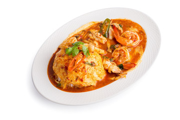 Stir Fried Seafood with Rice isolated on white background