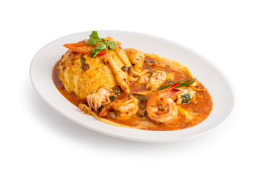 Stir Fried Seafood with Rice isolated on white background