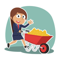 Indian businesswoman and wheelbarrow filled with golden eggs– stock illustration
