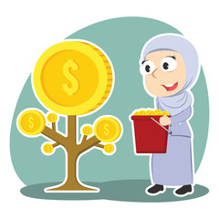 Arabian businesswoman harvesting coin tree– stock illustration