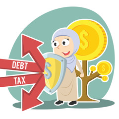 Obraz na płótnie Canvas Arabian businesswoman protecting coin tree form debt and tax– stock illustration