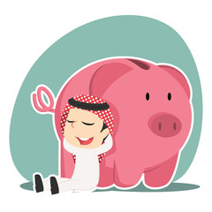 Arabian businessman relaxing beside piggy bank– stock illustration