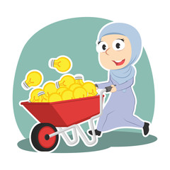 Arabian businesswoman pushing wheelbarrow full of ideas– stock illustration