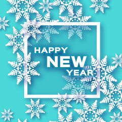 Naklejka na ściany i meble Origami Snowfall. Happy New Year Greetings card.. Merry Christmas. White Paper cut snow flake. Winter snowflakes. Square frame. Space for text. Holidays. Blue background. Vector