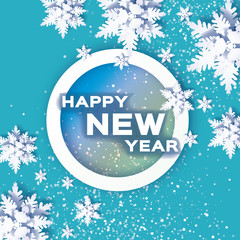 Origami Snowfall. Happy New Year Greetings card.. Merry Christmas. White Paper cut snow flake. Winter snowflakes. Circle bubble frame. Space for text. Holidays. Blue background. Vector