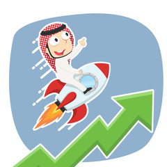 Fototapeta na wymiar Arabian businessman on rocket with raising graph– stock illustration
