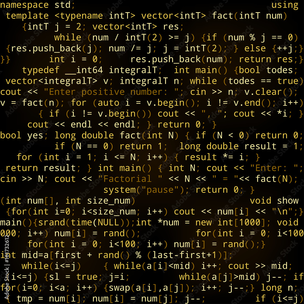 Poster seamless black background with golden program code. endless texture for wallpaper, web page backgrou