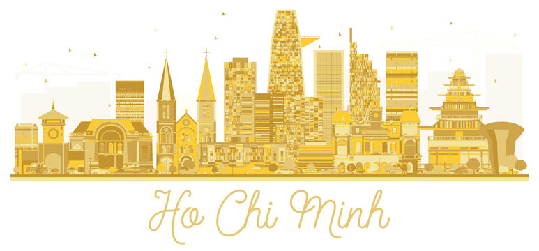 Ho Chi Minh Vietnam City skyline golden silhouette.