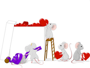 Hand drawn vector illustration of a team of small cute gray mice preparing a big love gift box with red hearts and purple ribbon.