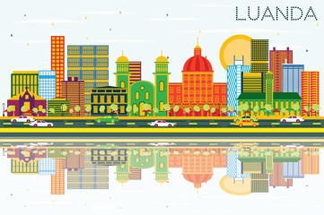 Luanda Angola Skyline with Color Buildings, Blue Sky and Reflections.