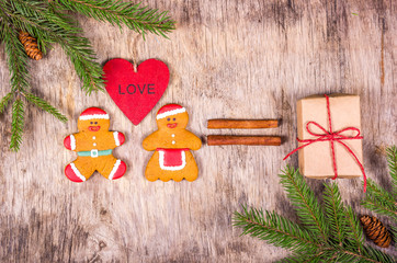 Christmas decorations with a Christmas tree, toys and gingerbread. Loving gingerbread men.