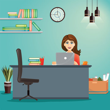 Business concept - woman working at her office desk. Vector flat illustration. Office workplace. 