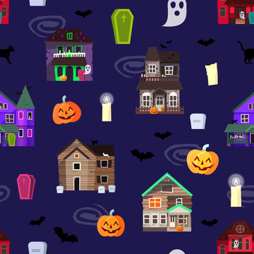 Vector scary horror house dark castle home halloween scare spooky background old creepy haunted mystery abandoned black windows and pumpkins seamless pattern background