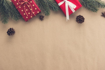 Christmas and New Year holiday  background top view border design with gift boxes, decorating items...