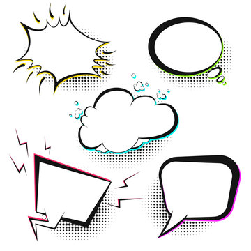 Set of white vector retro comic speech bubbles with color shadow on halftone background in pop art style. Black outline blank balloons for comics book or advertising superhero text, web design