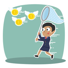 African businesswoman trying to catch flying coins– stock illustration