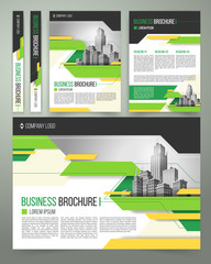 Obraz na płótnie Canvas Vector flyer, cover design of the companys annual business report, magazine page, presentation template with green elements and black white buildings. Advertising brochure of the real estate agency