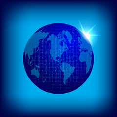 Vector dotted world map with dual code covering. Tecnology concept illustration. Earth globe with dotted continents on blue space background. 