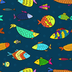 Marine kids seamless pattern with colorful cartoon fishes and air bubbles in water. Stylized vector cute color fish for children textile, wrapping paper, wallpaper, background, swimsuit cloth, package