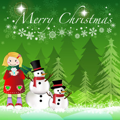 Vector and illustration Christmas card with cute girl wearing sweater and scarf holding hot coffee in winter and snowman in Christmas tree forest on bright green color background for Christmas