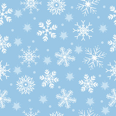 Cute hand drawing vector and illustration of snowflakes and star in seamless pattern on light pastel blue color background for winter