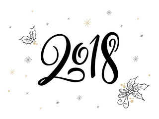 vector hand lettering new 2018 year label with holly leaves and snowflakes