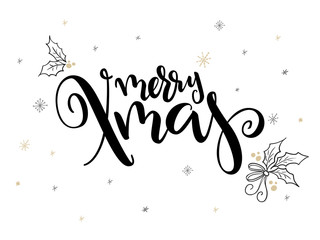 vector hand lettering christmas greetings text -merry xmas - with holly leaves and snowflakes