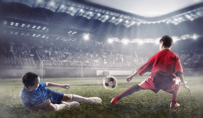 Children play soccer. Mixed media