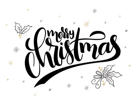 vector hand lettering christmas greetings text -merry christmas - with holly leaves and snowflakes