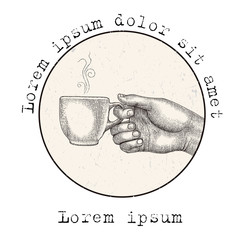 Hand holding coffee mug,Illustration vintage style,Coffee logo