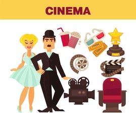 Retro cinema movie cinematography poster of actors and cinematograph equipment.
