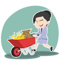 Asian businesswoman pushing wheelbarrow full of coins– stock illustration