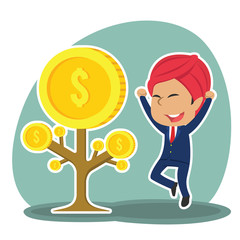 Fototapeta na wymiar Indian businessman happy his coin tree grow– stock illustration