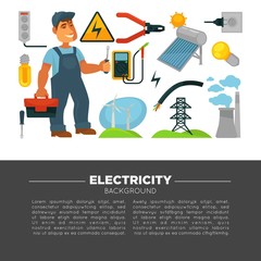 Professional electrician services promotional poster with man with toolkit