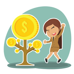 Indian businesswoman happy her coin tree grow– stock illustration