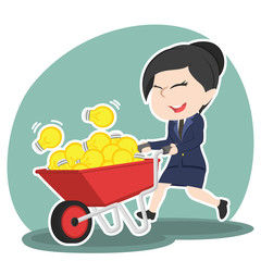 Asian businesswoman pushing wheelbarrow full of ideas– stock illustration