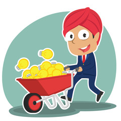 Indian businessman pushing wheelbarrow full of ideas– stock illustration