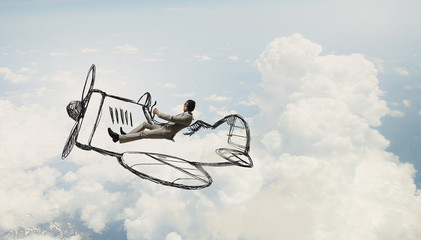 man flying in retro plane. Mixed media