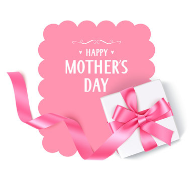 Happy Mothers Day. Vector template with gift box, pink bow and long ribbon. Holiday decoration