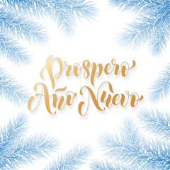 Prospero Ano Nuevo Spanish Happy New Year golden calligraphy hand drawn text on frozen snow blue wreath ornament for greeting card background template. Vector Christmas tree golden font white design