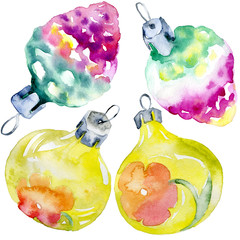 Festive, New Year, Christmas, family toys. Cheerful, old, Christmas decorations. Decorative decoration for Christmas and New Year's tree. Merry, beautiful, happy garland. Watercolor. Illustration