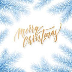 Fototapeta na wymiar Merry Christmas holiday hand drawn quote golden calligraphy greeting card on frozen snow blue frost background template. Vector Christmas tree fir or pine wreath branch decoration on white design