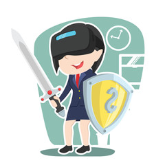 Asian businesswoman with vr headset holding shield and sword– stock illustration