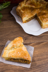 Sliced succulent meat pie with mushrooms and meat