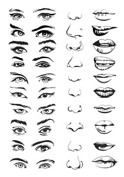 Face constructor with eyes, lips and noses. Hand drawn set. Vector illustration