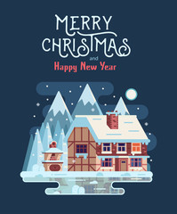 New Year and Christmas card with night forest scene and mountain winter house with smoking chimney. Wintertime countryside background with rural snow cottage or chalet and congratulation Xmas text.